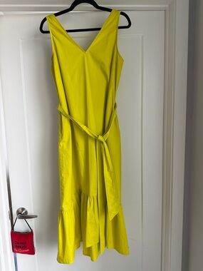 GAP Bright Yellow V-Neck Midi Dress with Waist Tie